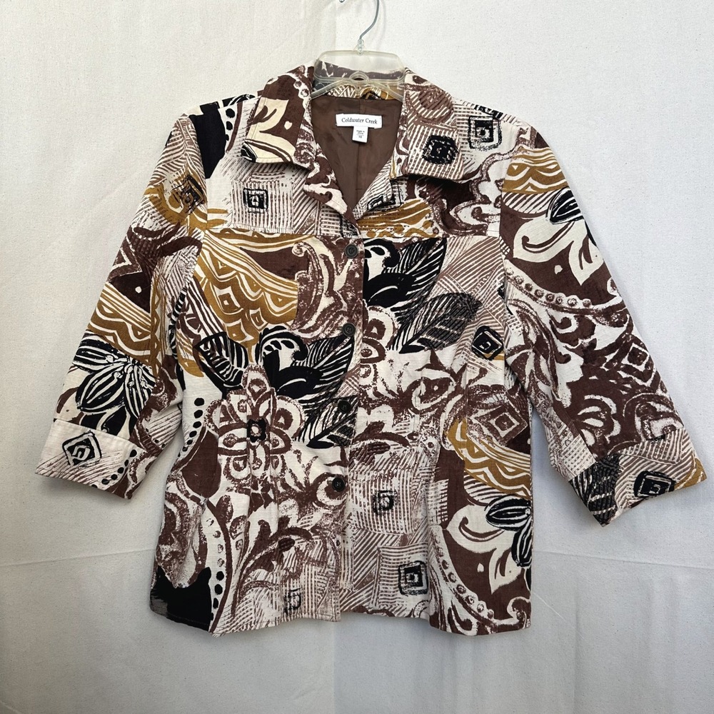 Coldwater Creek Blazer Jacket Womens 10 Abstract Multi Cotton Art Granny Ripstop